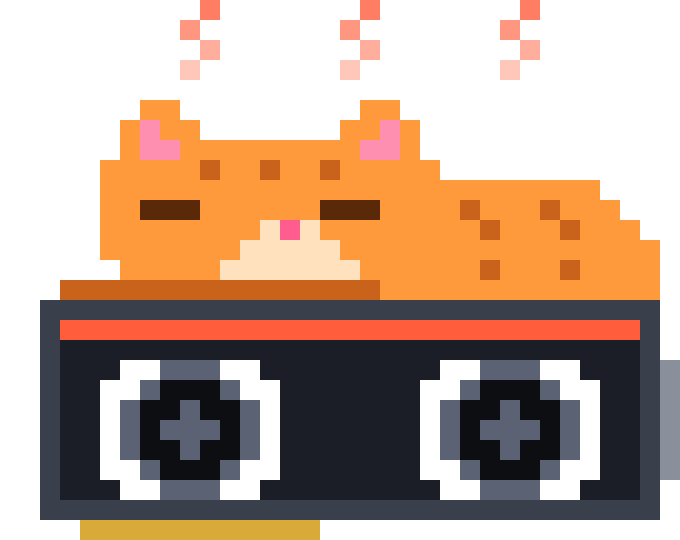 pixel-art orange cat asleep on a hot graphics card